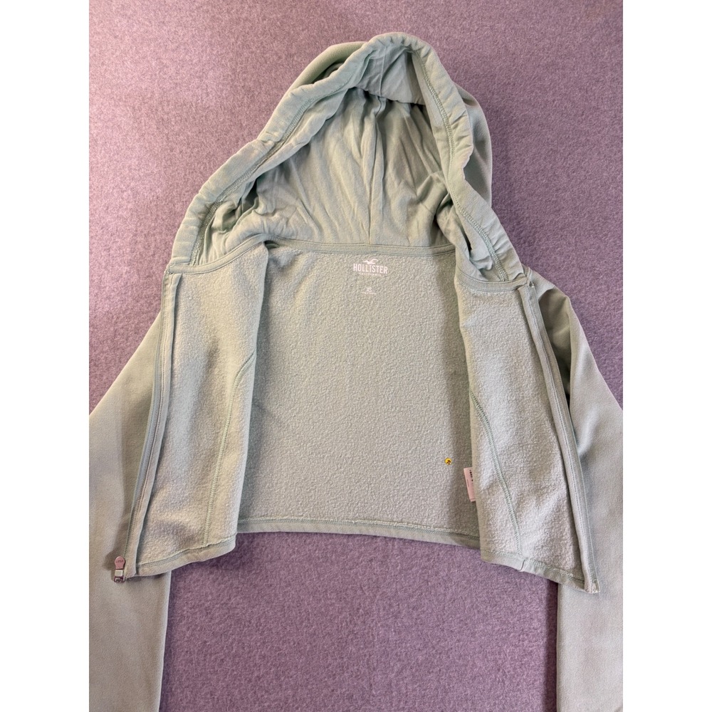 Hollister Womens XS Sage Green Cropped Zip Up Hoodie Curved Hem Fleece 352F2652 - Picture 2 of 12